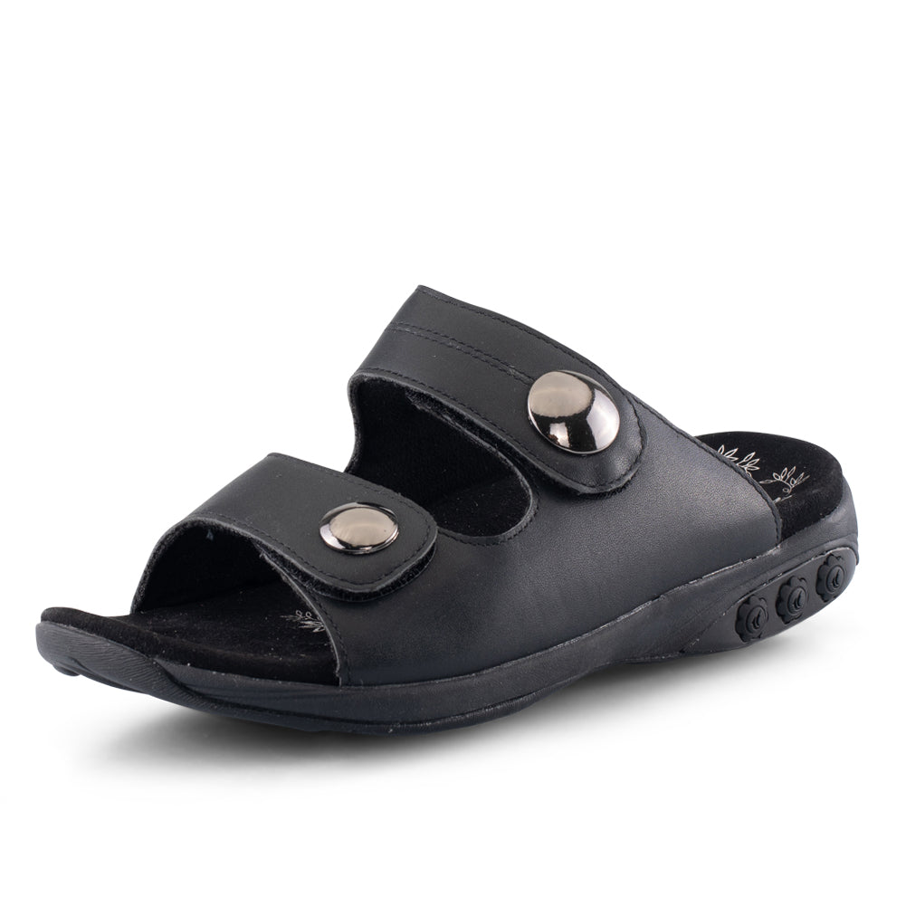 EVA MATTE BLACK | Therafit Eva Women's Leather Adjustable Strap Slip On Sandal -EVA MATT.BLK- for Plantar Fasciitis/Foot Pain-Brandy
