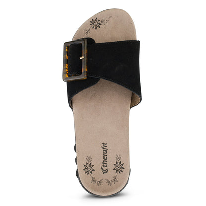 MILA BLACK | Therafit Mila Women's Suede Adjustable Buckle Slide Sandal-Brandy