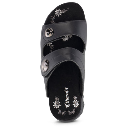 EVA MATTE BLACK | Therafit Eva Women's Leather Adjustable Strap Slip On Sandal -EVA MATT.BLK- for Plantar Fasciitis/Foot Pain-Brandy