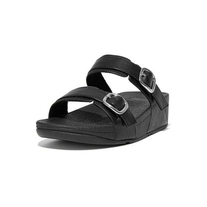 LULU ADJUST SLIDE BK | LULU Women Adjustable Leather Slides - All Black (ES7-090) | FitFlop -Brandy