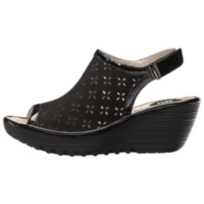 Fly London Women's Ybel Leather Wedge Sandal – Black