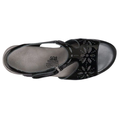 Sunburst Black Patent Heeled Sandals