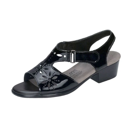 Sunburst Black Patent Heeled Sandals
