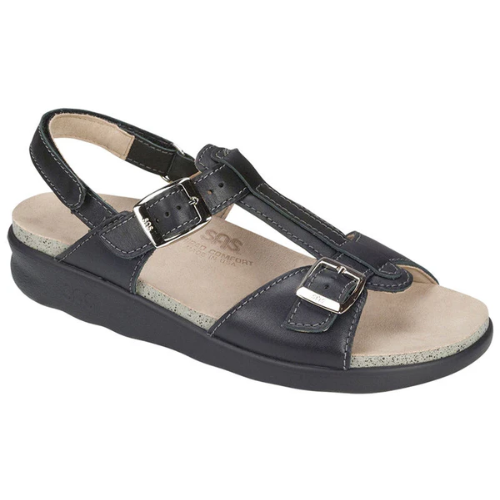 Captiva T-Strap Black Leather Sandals