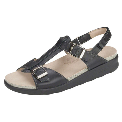 Captiva T-Strap Black Leather Sandals