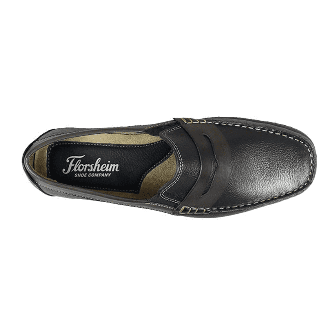 INTREPID BLACK MULTI | Florsheim Men's Intrepid Moc Toe Penny Driver Loafer, Black Milled with Brown Smooth-Brandy