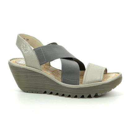 YAJI SILVER | Fly London Yaji Leather Slip On Low Wedge Sandal  at Brandy's Shoes Made in USA