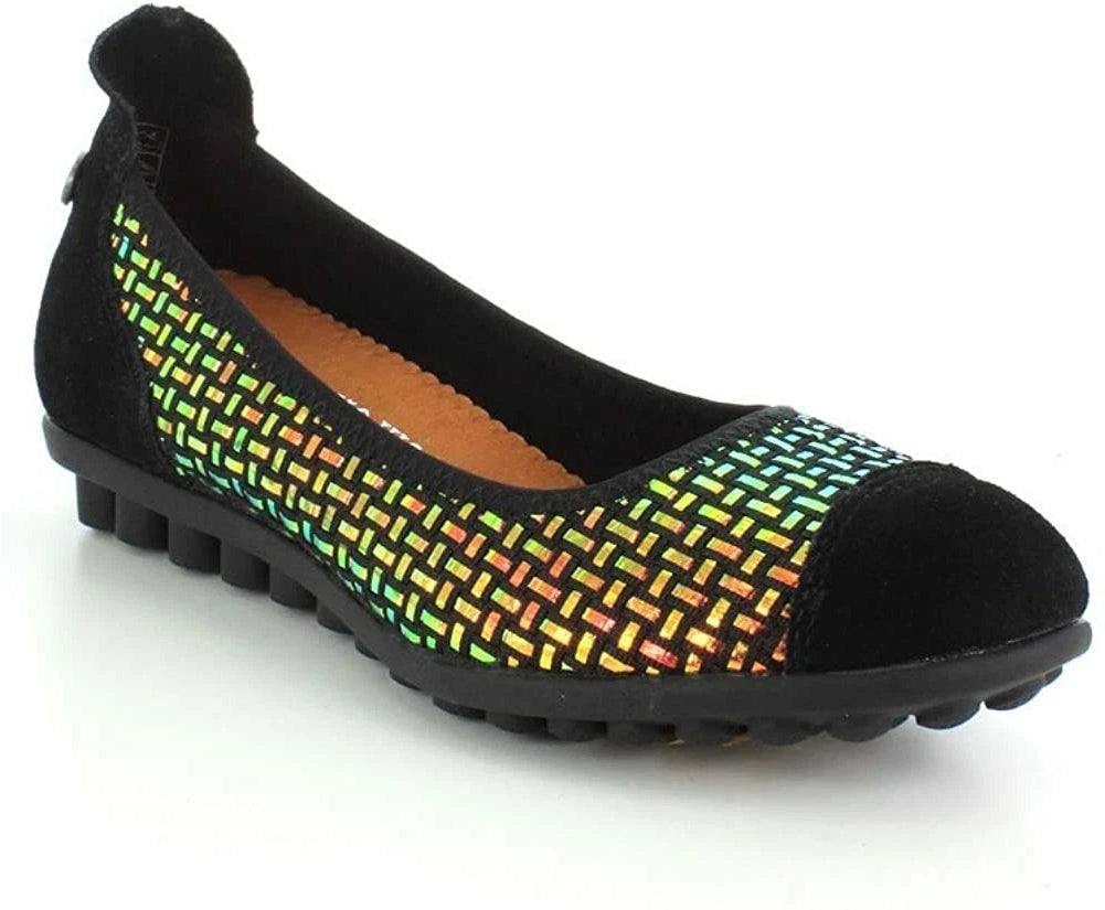 Black flat shoe with colorful woven pattern on a white background