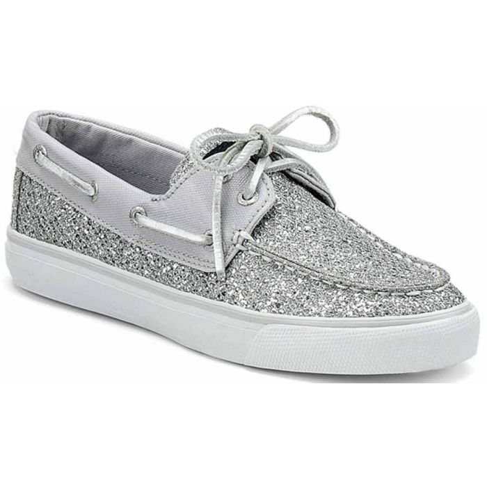 WOMEN'S BAHAMA SILVER | Women’s Sperry Top-Sider Bahama Silver Glitter Boat Shoes-Loafers-Made in USA- BRANDY`S SHOES