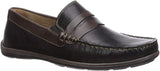 INTREPID BLACK MULTI | Florsheim Men's Intrepid Moc Toe Penny Driver Loafer, Black Milled with Brown Smooth-Brandy