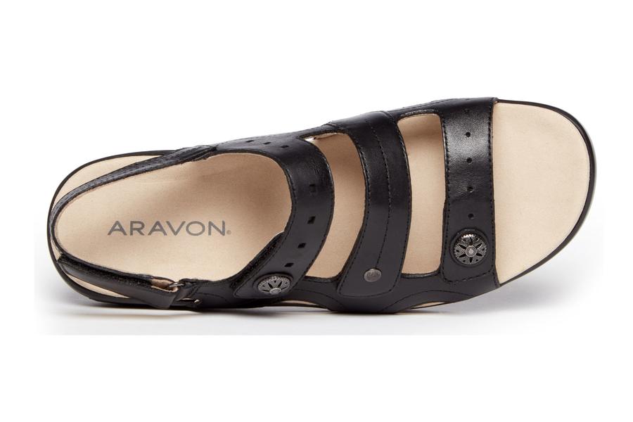 ARAVON POWER COMFORT 3 STRAP BLACK SANDAL | Aravon Women's Power Comfort Three Strap Heeled Sandal-WSK12BKM-Brandy