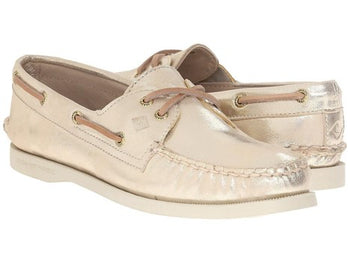 WOMEN'S AUTHENTIC ORIGINAL BOAT SHOE | WOMEN'S SPERRY TOPSIDER A/O 2-Eye Boat Shoes-Platinum Metallic-Made in USA-BRANDY`S SHOES